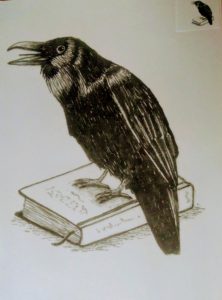 im Hundeforum eine Zeichnung: ein Rabe sitzt auf einem Buchs