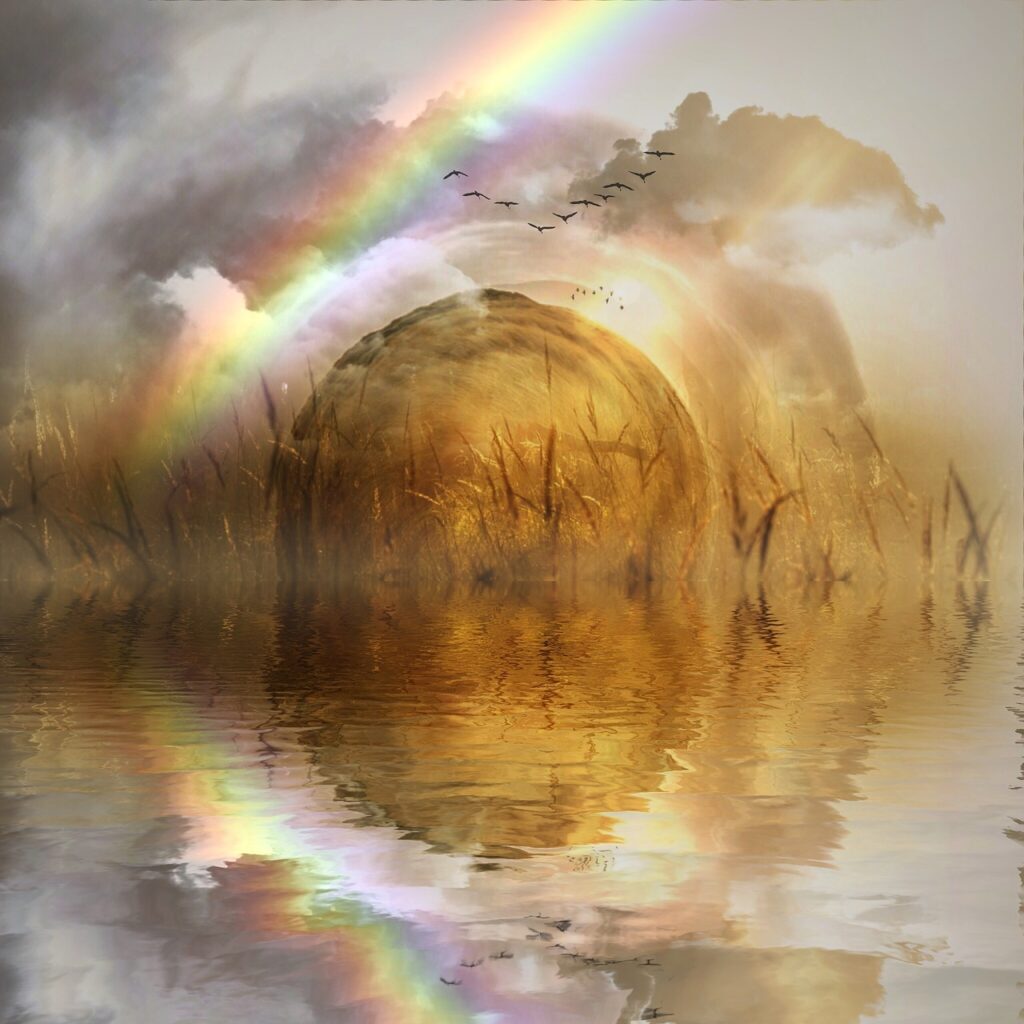 mystisches Bild mit Regenbogen über schilfbewachsenem Seeufer, Vögel fliegen darüber